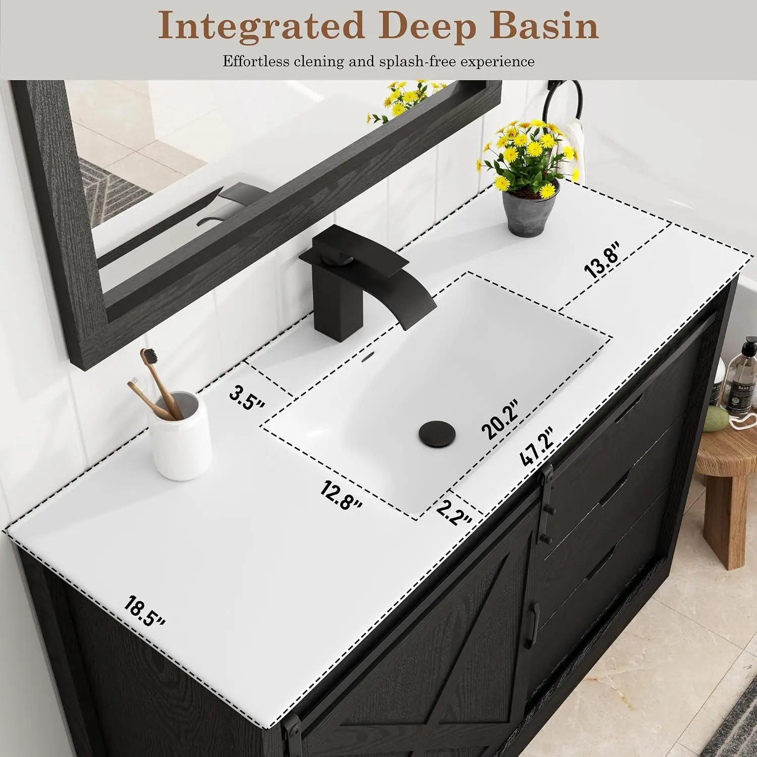 Bathroom Vanity With Sink And Mirror, Freestanding Wood Washstand Storage Cabinet Combo With Faucet And Sliding Barn Door, Modern Farmhouse Single Sink Vanity Set With Drawers, Wood Grain Black view 4