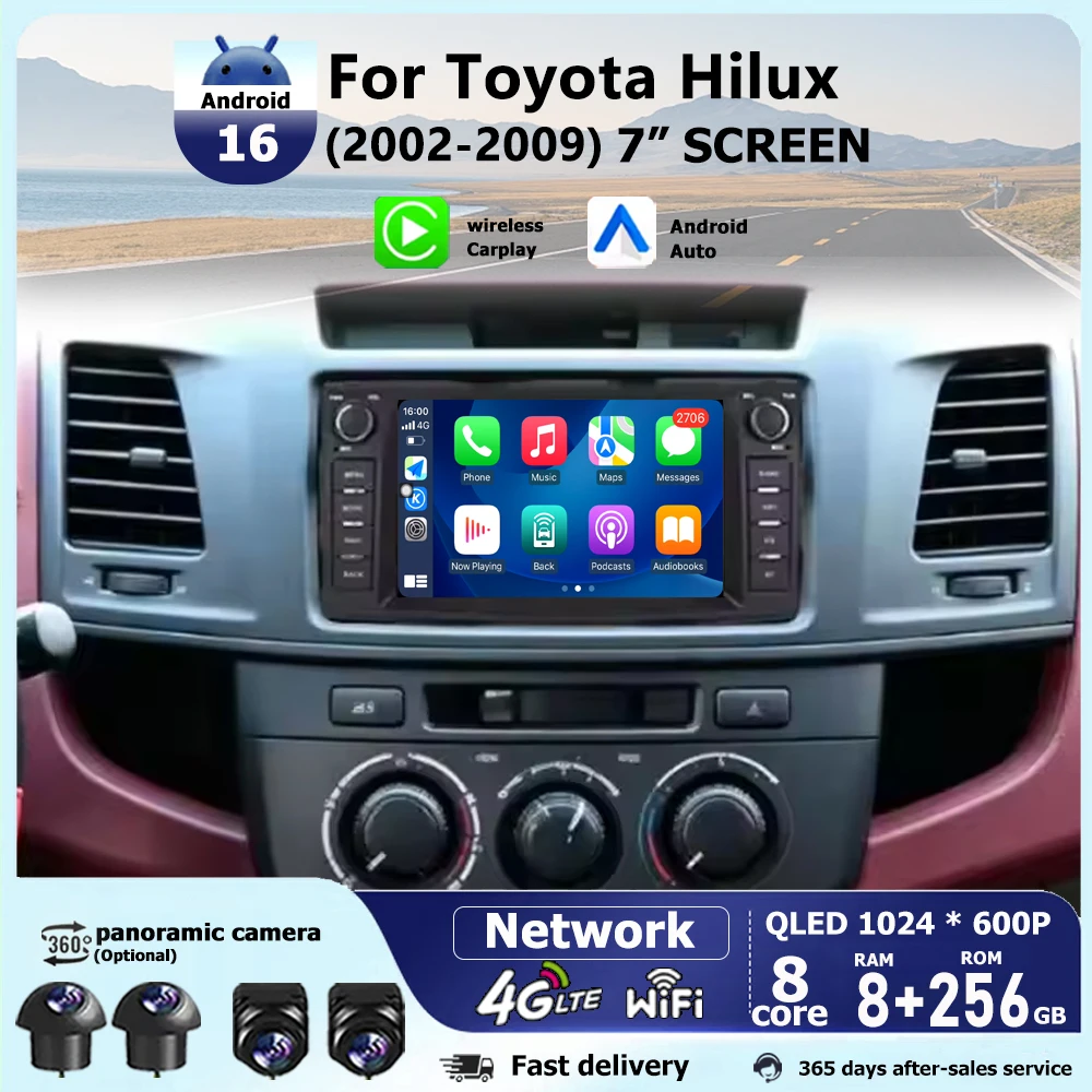 Android 16 Car GPS Navigation For Toyota Hilux 2002-2009 Auto Multimedia Player QLED Screen AHD Cam Carplay Bluetooth 4G Wifi
