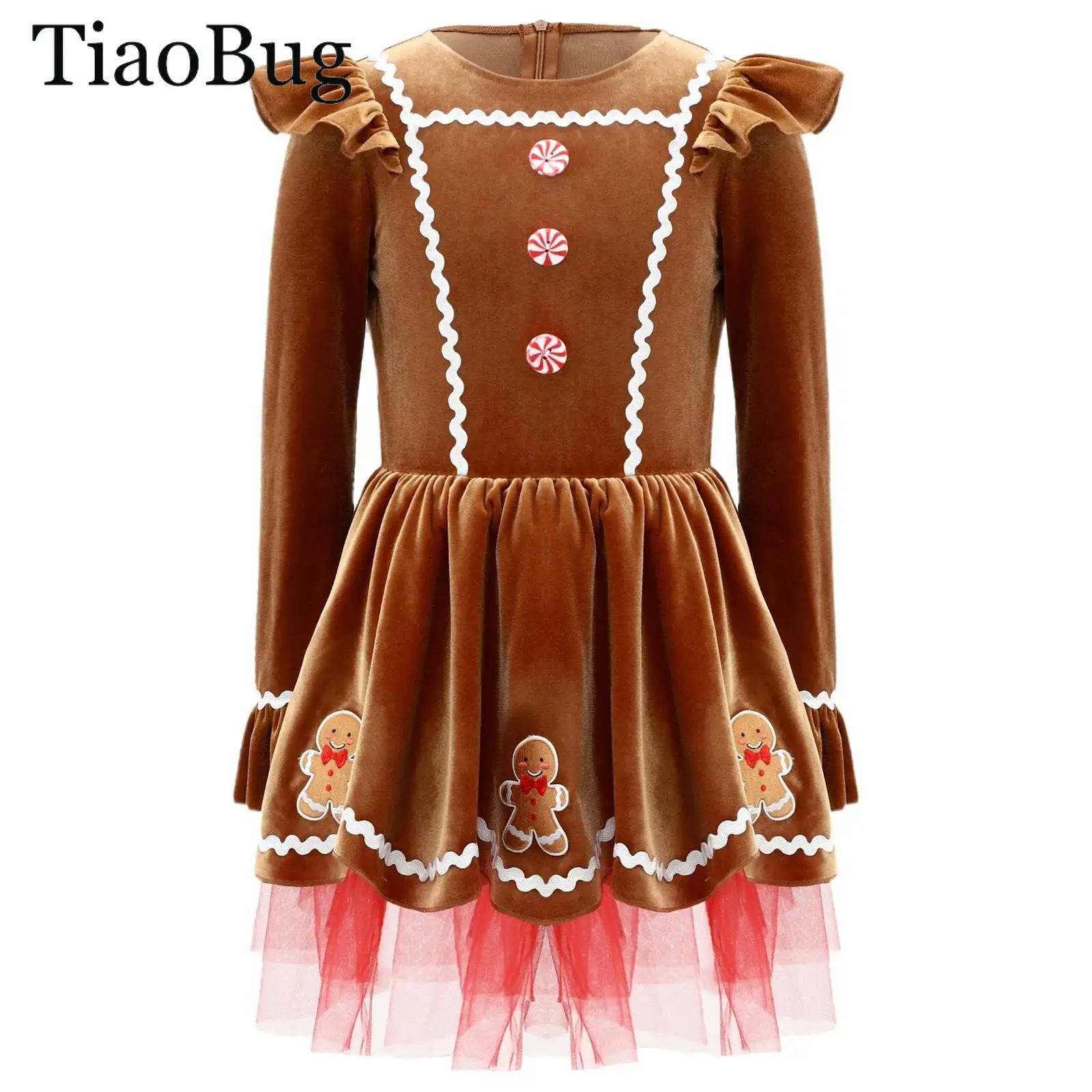 

Girls Christmas Gingerbread Man Costume Candy Cane Santa Cookie Man Cosplay Dress Long Sleeve Skating Ballet Leotards Tutu Dress
