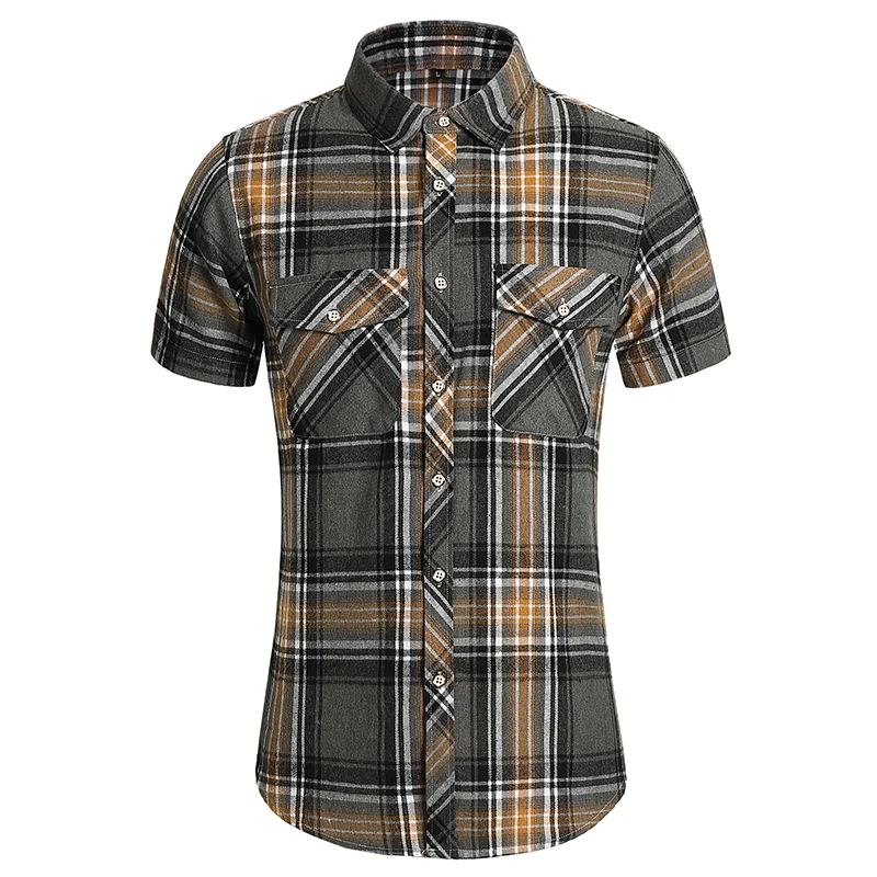 Mens Plaid Button Up Shirt Short Sleeve Casual Chemises Tops 7XL Vinatge Summer Double Pocket Men Designer Clothes Work Shirts