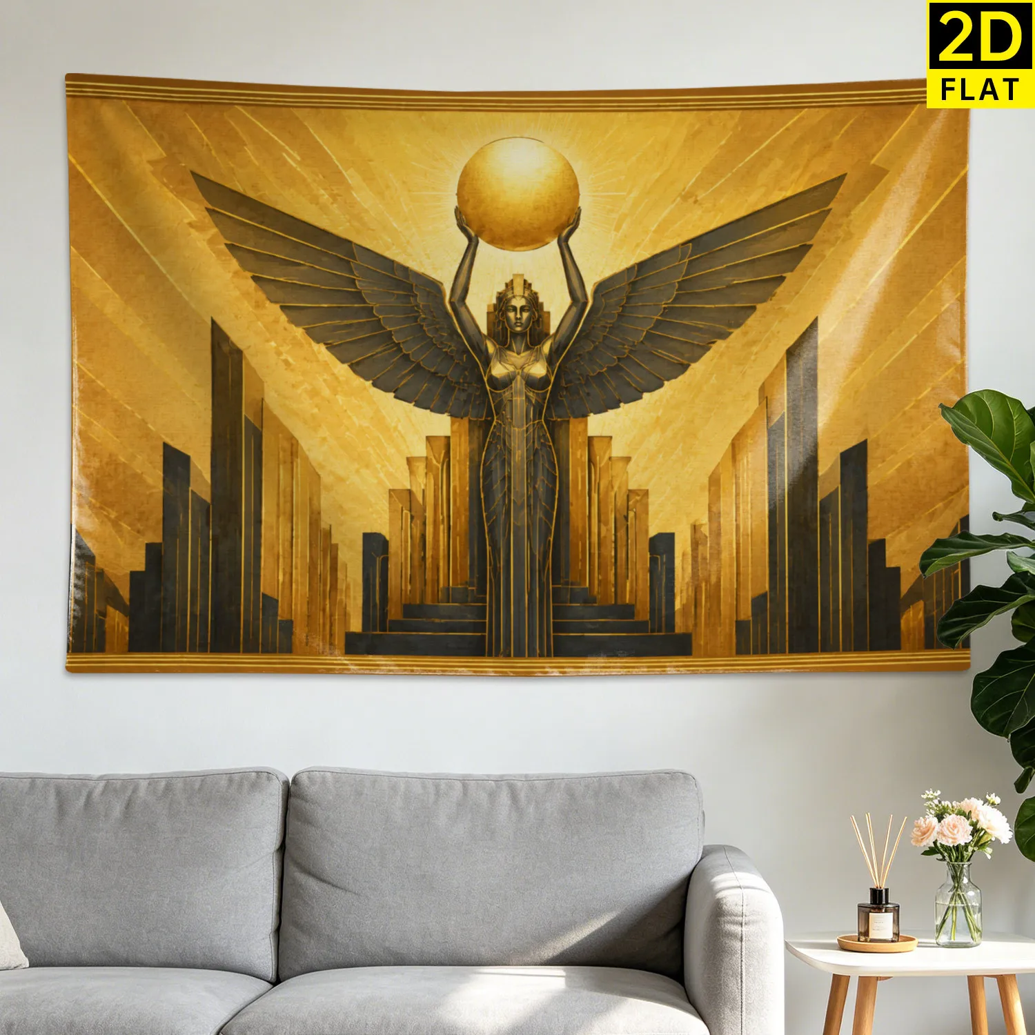 Large Art Deco Goddess Tapestry Gold Wall Hanging Boho Chic Winged Figure Golden Egyptian Style Wall Decor for Home Interior Dec