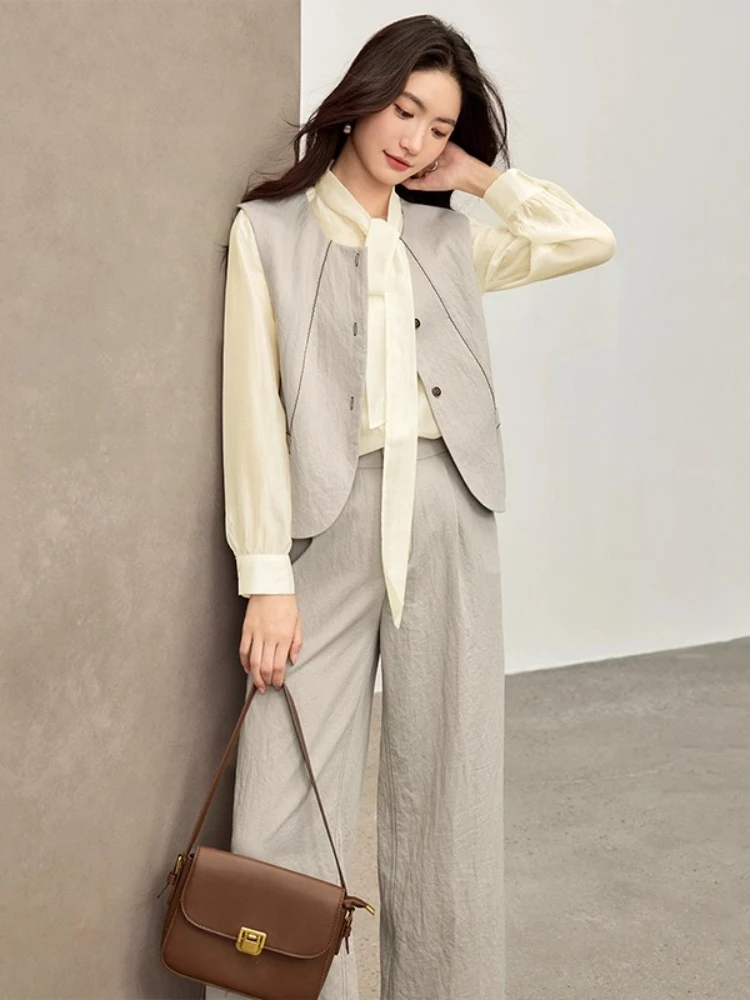 SENTUBILA Women Three‑piece Set Round‑neck Vest Ruffle Collar Blouse Elastic Waist Straight‑leg Pants Commute Outfits W53ZA2568