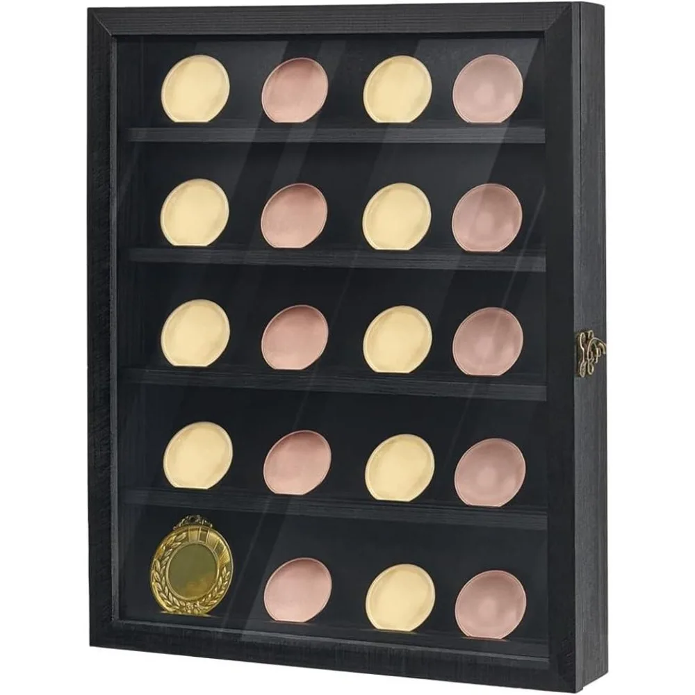 Medals Display Case 11.3x13.8x2inch 5-Row Rectangle Medal Display Box with Clear Windows Challenge Shadow Box Black Storage Case