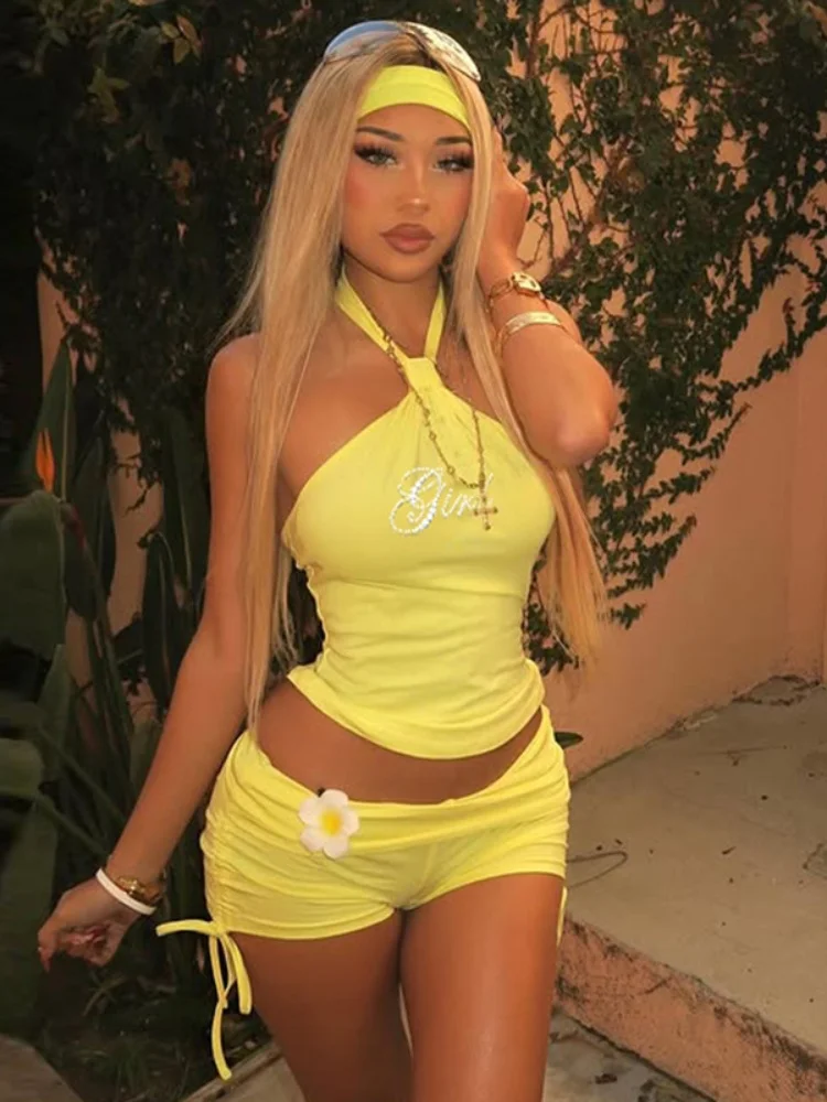 

Three Sisters Women Summer Solid Color Sexy Hanging Collar Open Back Hot Drill Vest Drawstring Pleated Pants Two Piece Set
