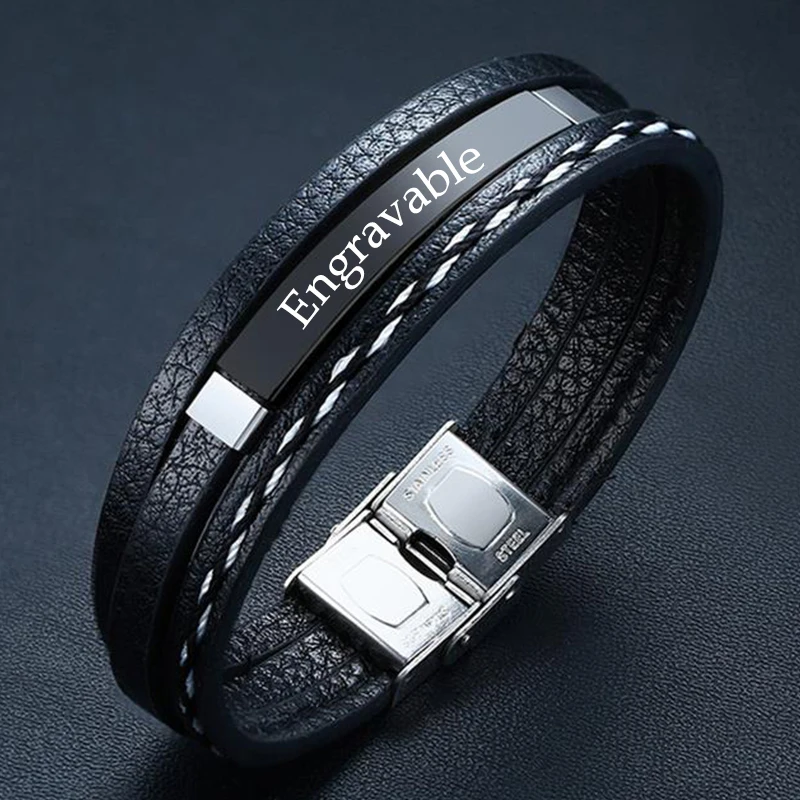 Customize Name Leather Bracelets for Men Glossy Stainless Steel Layered Braided Bangle Personalized Fashion Charm Gifts