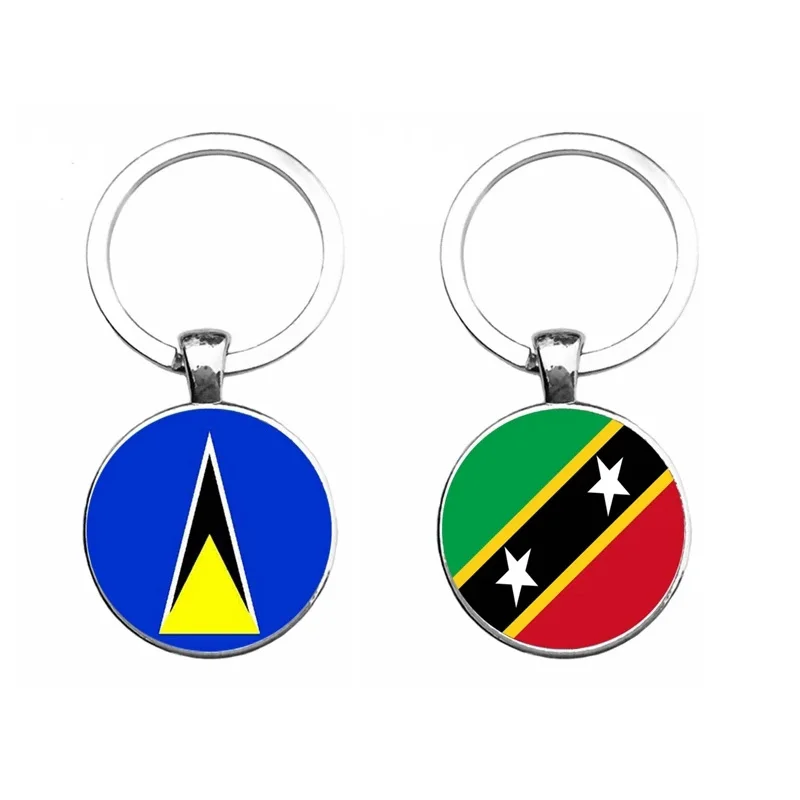 Vintage Flag Glass Keychain Jewelry Saint Kitts and Nevis Saint Lucia Flag Car Keyring Bag Key Chain