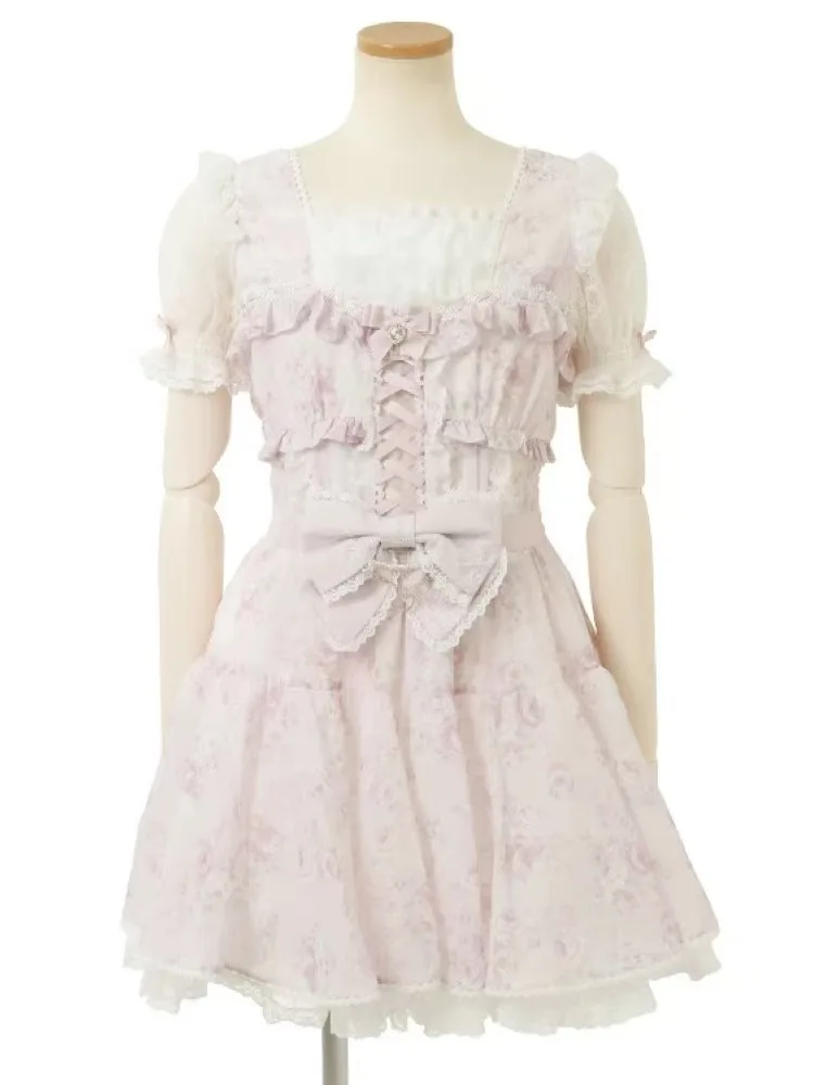 Liz Sweet Rose Ribbon Vita alta Lolita Dr Princ Gonna Nodo Stampa floreale Sle giapponese Dr