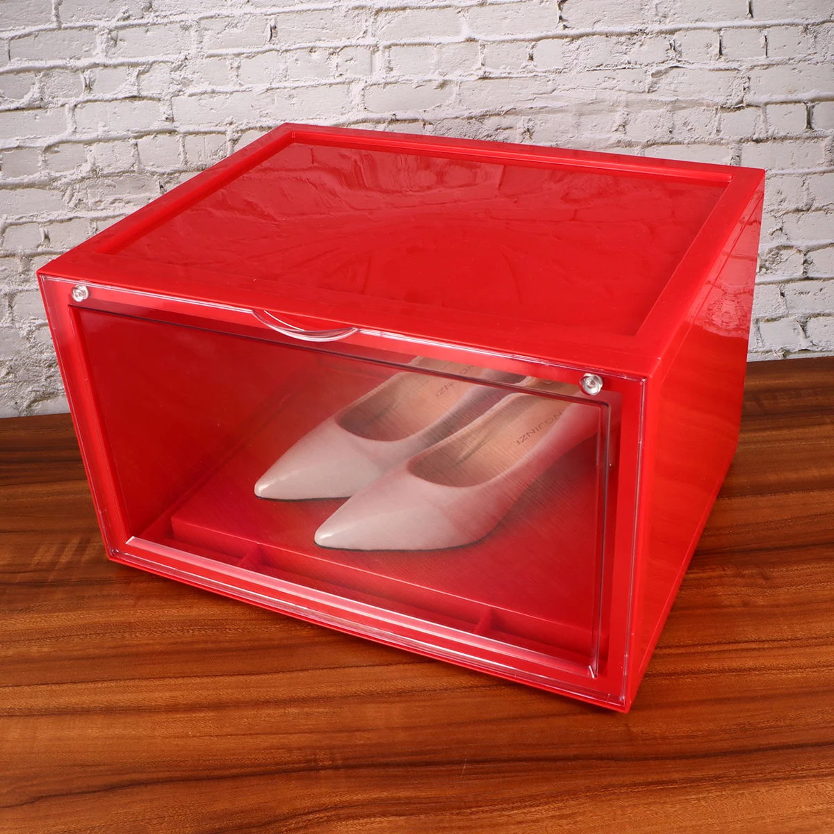 

Stackable Shoe Storage Box Thick Acrylic Flap Cover Transparent Window Dustproof For Dorm Room Closet Red 36X28X22Cm