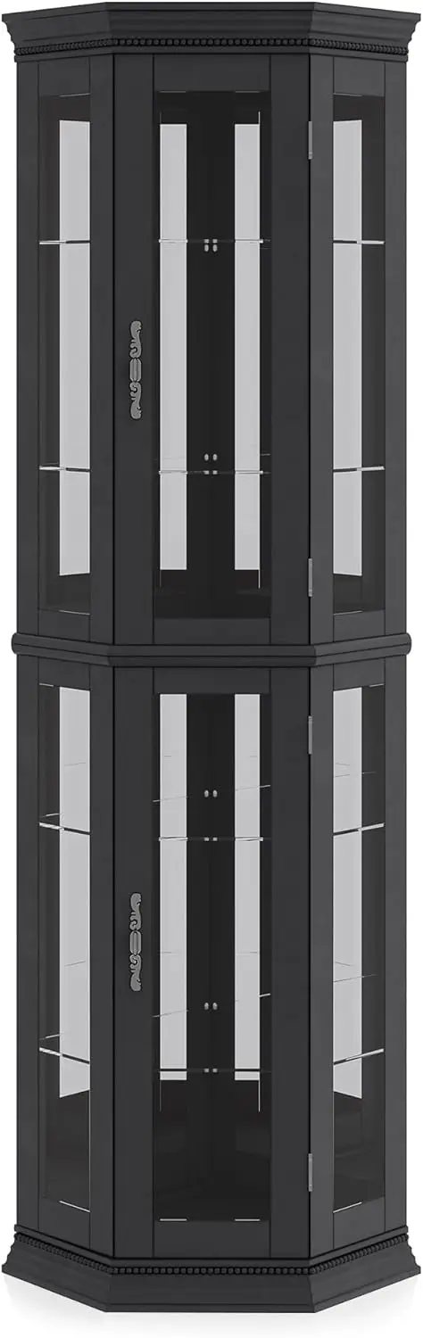 Vitrina Curio de vidrio de 3 lados con puertas y estantes de vidrio templado, armario esquinero de madera con bombilla