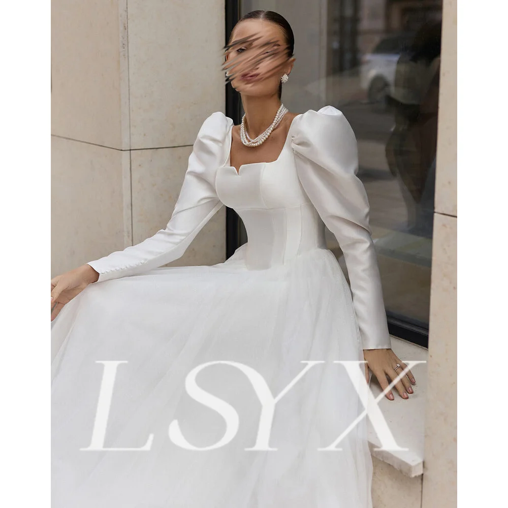 LSYX Square Neck A-Line Sweep Train Floor Length Long Sleeves Solid Color Earthy Wedding Dress Backless Empire High Quality