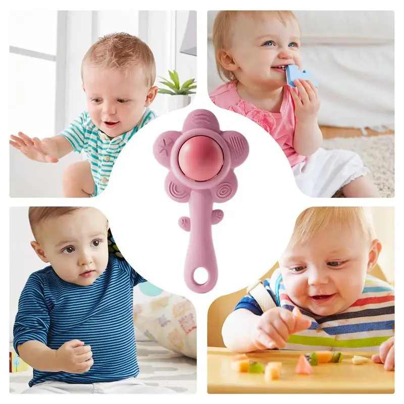 Flower Rattle Toy Grab Shake Toy Silicone Babies Rattle Toy Sensory Teething Toy For Toddler Boy Girl Aged 6-18 Months