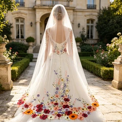 MultiColoured 3D Flowers Floral Bridal Wedding Veils With Comb White Ivory Tulle Embroidered Colorful Unique Purple Yellow Pink