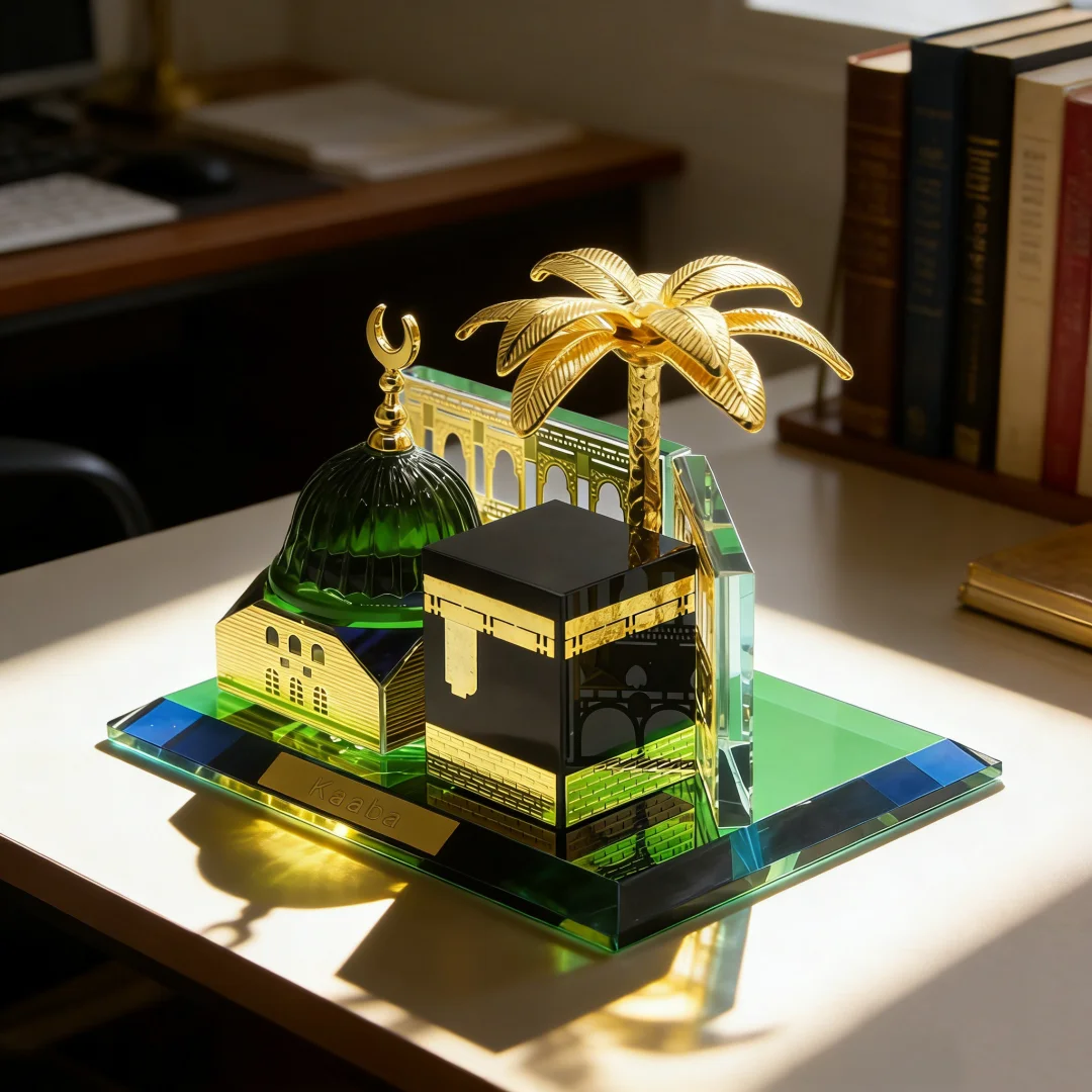 Coconut Tree Sky House Crystal Ornament, 3D Internal Engraving Coconut Grove with Mosque Car Meditation Decor