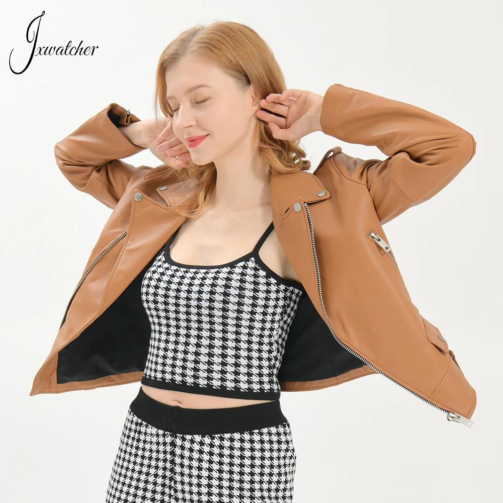 Jxwatcher Real Leather Jacket Women's Moto Biker Zipper Jacket Spring High Qality Sheepskin Leather Coat Ladies Autumn Outwear