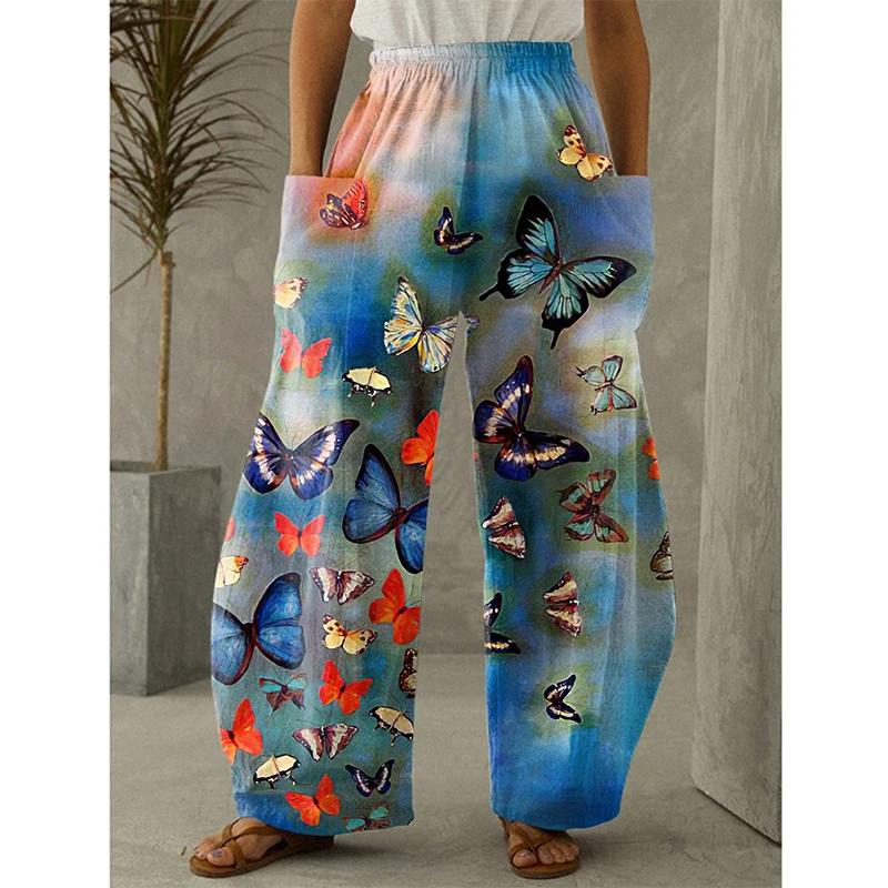 Casual loose pants with butterfly 3D print, Bohemian retro beach outfit, oversized pants, spring/summer