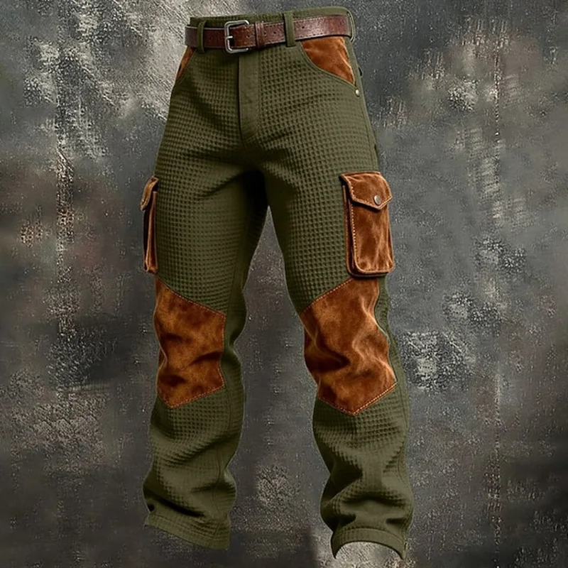 Jeans casuales nuevos de otoño rectos holgados para hombre vintage color contraste textura waffle moda patchwork 2
