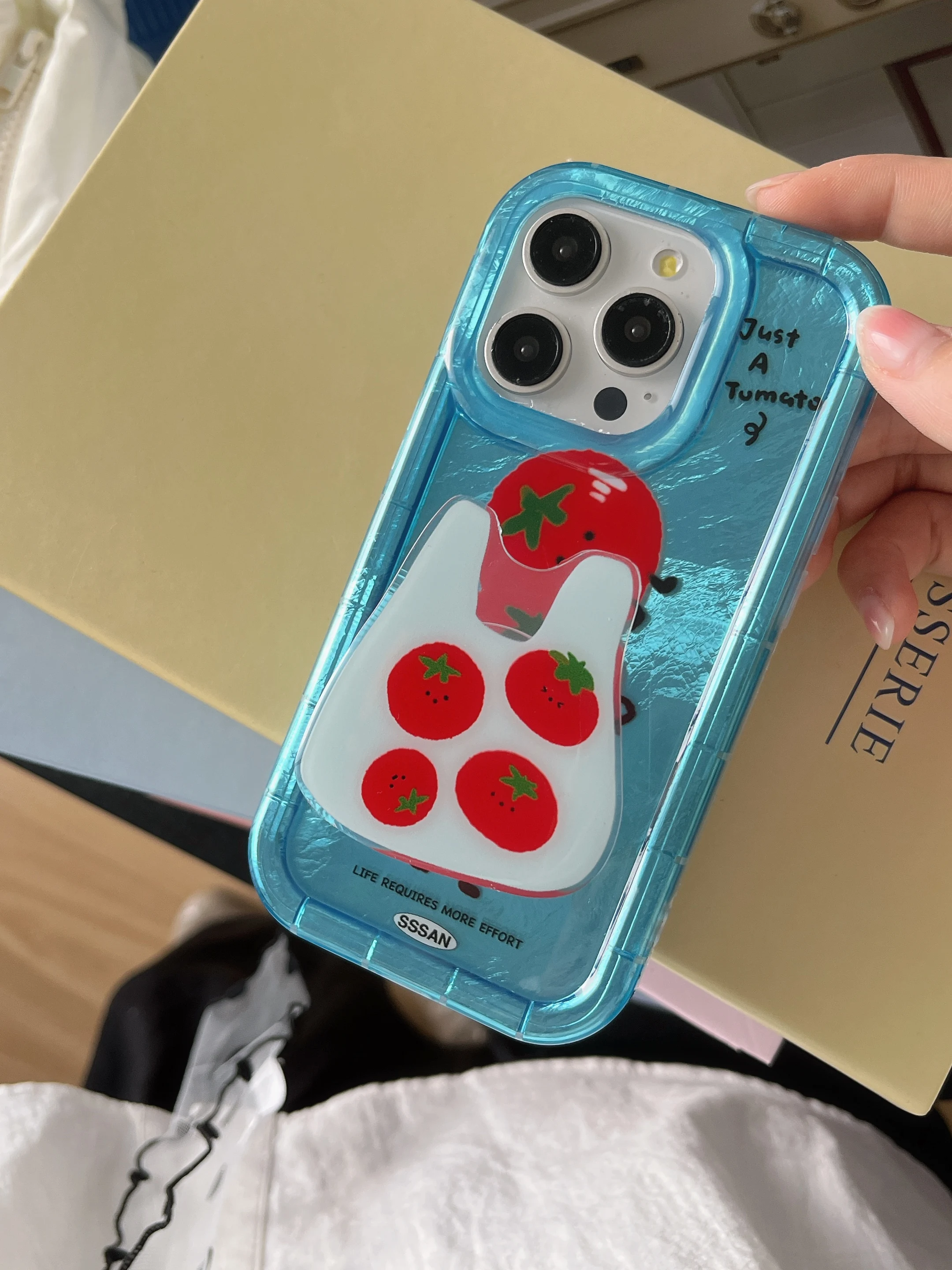 Korea Ins Tomatos Bracket Transparent Blue Phone Case for iPhone 15 14 13 Pro Max 12 Pro  Back Cover