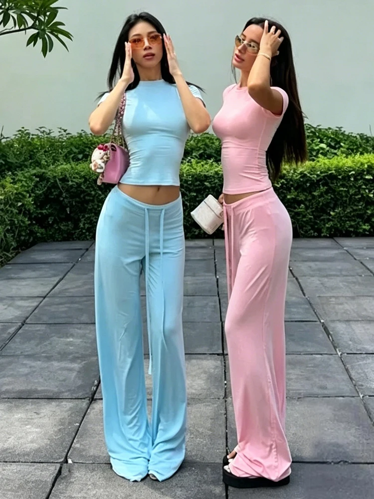 

Nibber Daily Casual Fashion 2 Piece Set Woman o-Neck Short Sleeve Crop Tops+Drawstring Long Pants Solid Simple Basic Style Suits