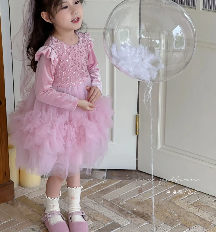 فستان شبكي قطيفة بأكمام طويلة لخريف الطفل الجديد، فساتين حفلات أزياء الأميرة للأطفال 2-8 T