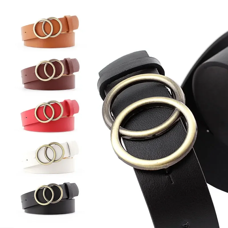 Big Double Ring Circle Metal Buckle Belt Women Fashion Wild Waistband Ladies Wide Leather Straps Belts for Leisure Dress Jeans