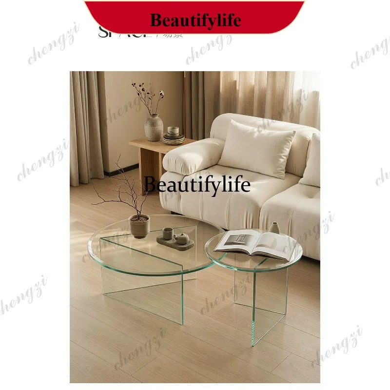 M182 Italian minimalist explosion-proof glass edge table, living room art corner table, round transparent color coffee table