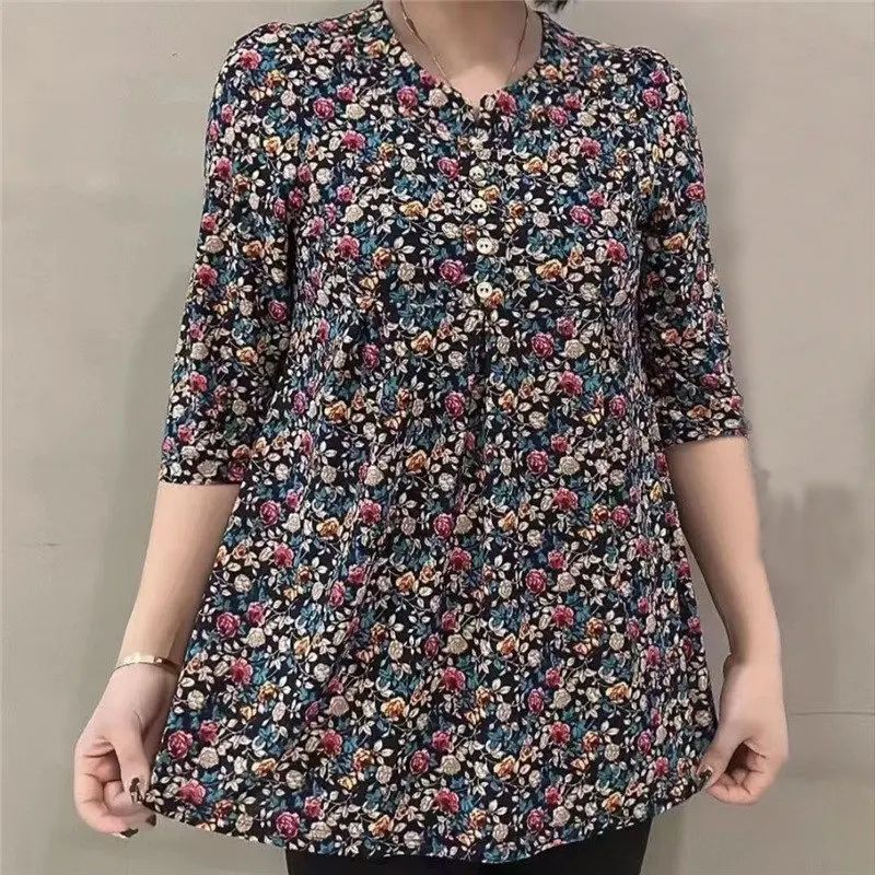 Women Clothes Casual Vintage Floral Print Ethnic Style Ice Silk T-shirt Summer Fashion O Neck 3/4 Sleeve Loose Tunic Ladies Tops