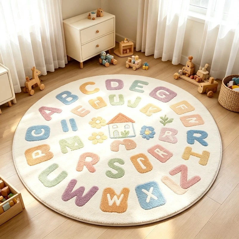 Ins Style Letter Pattern Round Rug Decoration Home Non-slip Fluffy Plush Living Room Carpet Bedroom Bedside Soft Chair Mat 러그