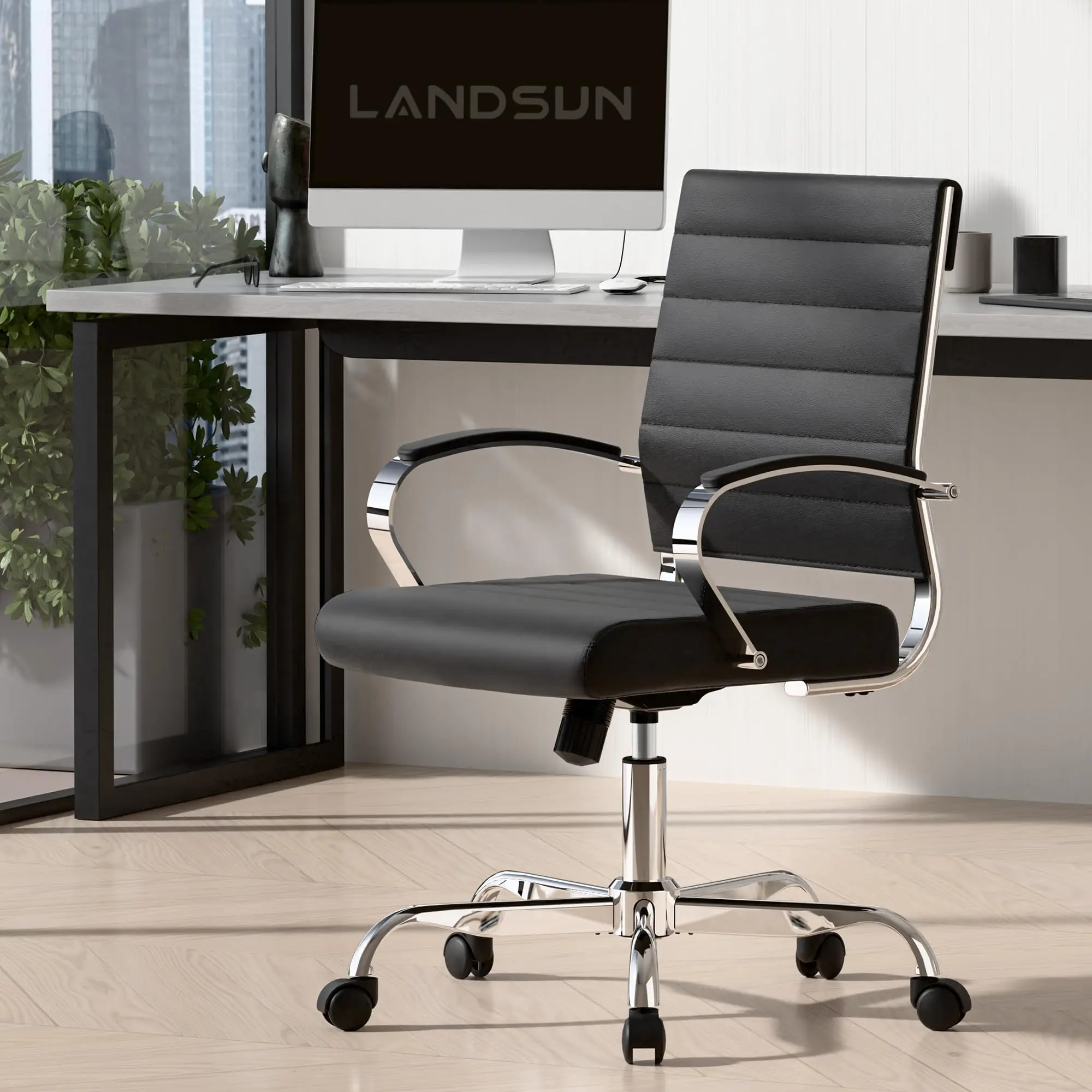 

Black PU Leather Mid-Back Office Chair With Ribbed Design, Adjustable Height, Chrome Armrests And Casters