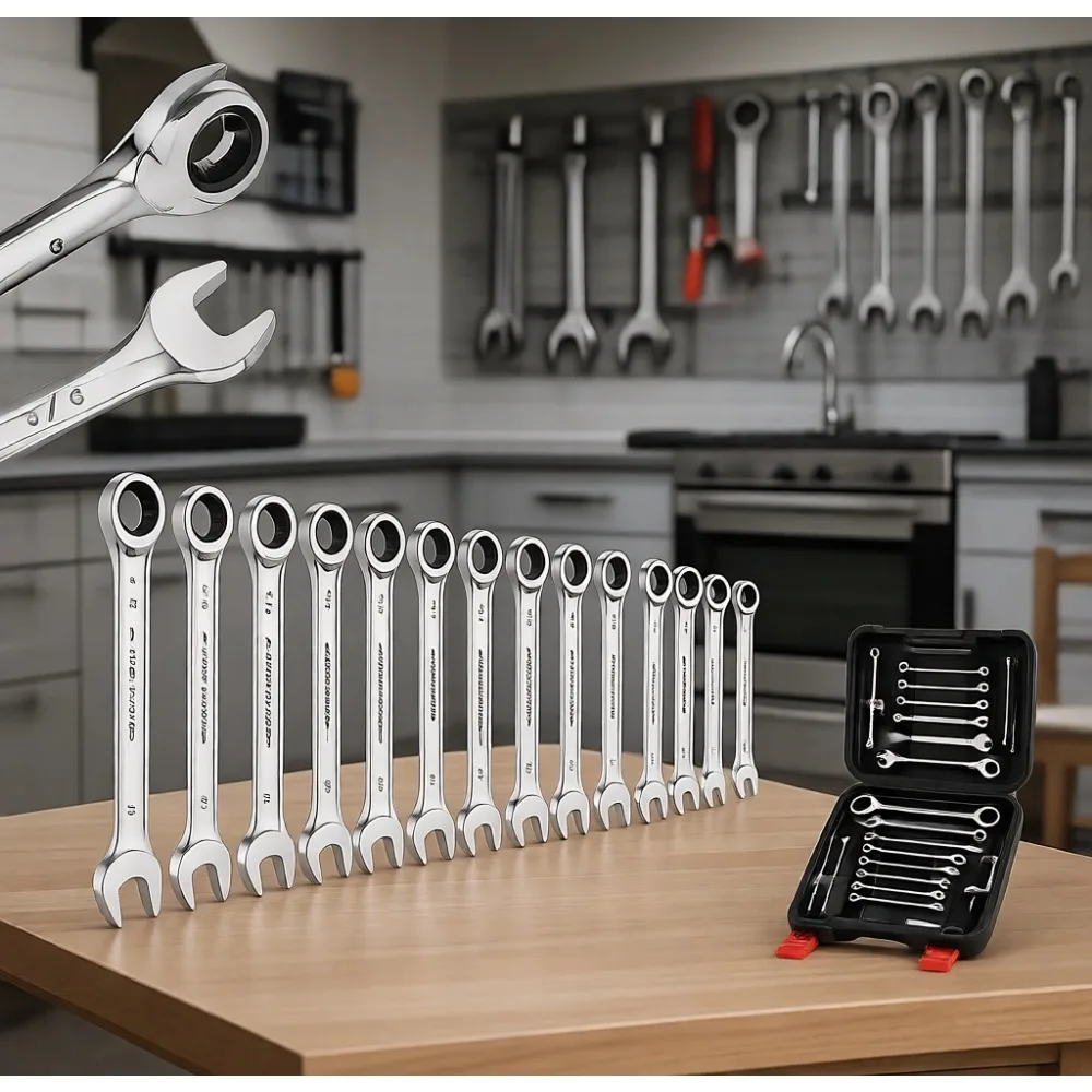 

24 Piece Ratcheting Wrench Set Metric and SAE 72 Tooth Chrome Vanadium Steel with Organizer 6 to 18 mm 1/4 to 3/4