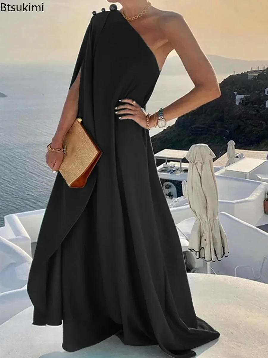 

2024 Summer Women Sexy Off Shoulder Boho Long Dress Elegant One Shoulder Loose Party Dress Fashion Button Solid Beach Maxi Dress