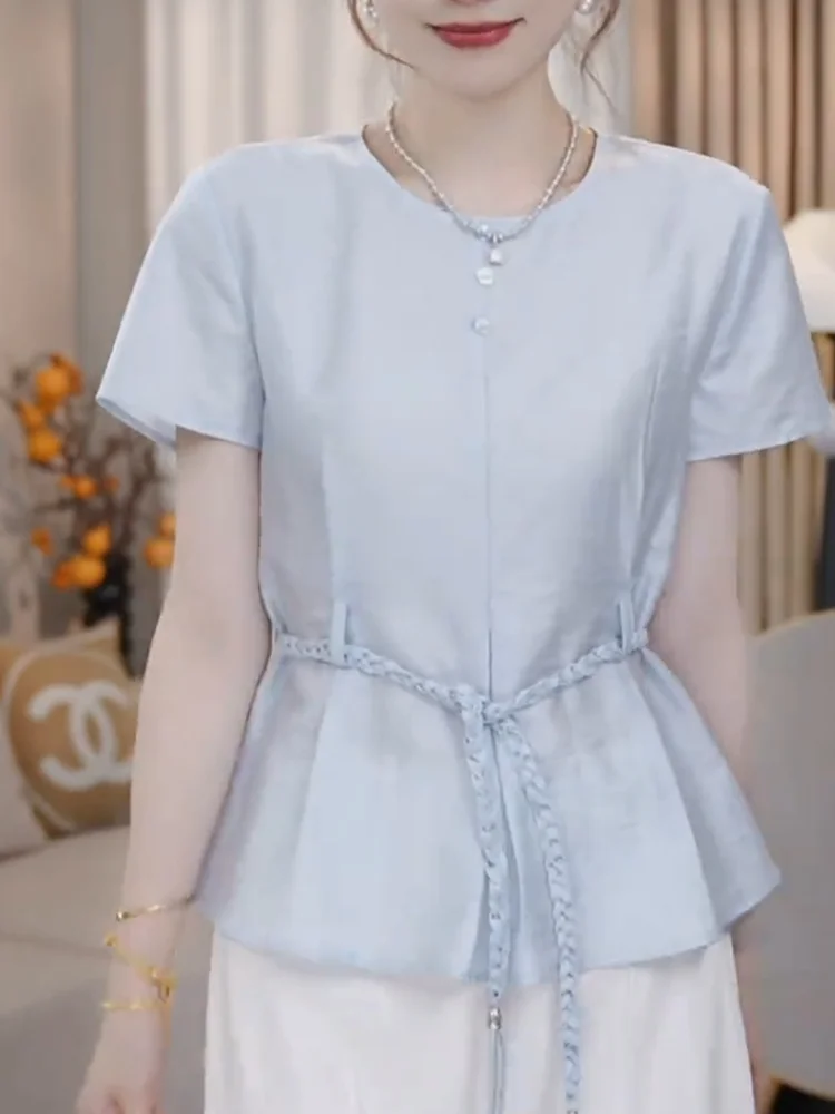 

Korean Style Fashionable Pure Color Belted Short Sleeve Top Summer New plus Size Versatile Slimming Versatile Women's T-shirt