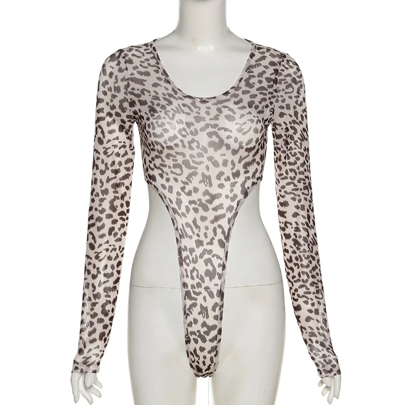 Huhugirl Leopard Print Skinny Bodysuit Women Rompers Sexy Slim Fit Long Sleeves U-neck Bodycon Tops Female Jumpsuits Overalls