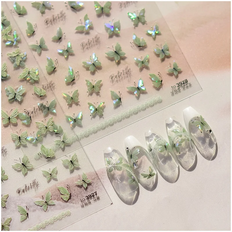 1pcs Shiny Shell Light Green Butterfly Nail Art Stickers Kawaii Acrylic Butterfly Self Adhesive Slider For Nails DIY Accessories