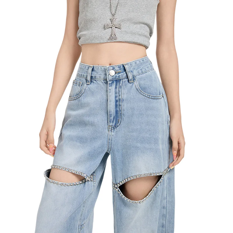 

2025 Summer New Ripped Wide-leg Jeans, Women's Personality Diamond-encrusted High-waisted Loose Straight-leg Floor-length Jeans