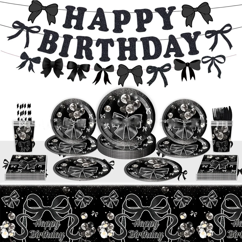 

Black Silver Bow Birthday Disposable Tableware Bowknot Silver Balloon Plates Cups Happy Princess Girls Birthday Party Supplies