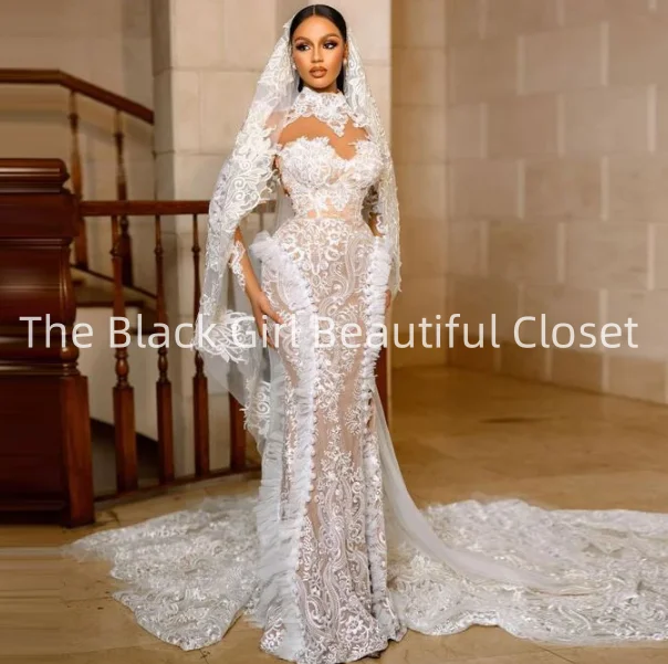 Customized Vintage Lace Mermaid Wedding Dress Saudi Arabia High Neck Tulle Long Sleeve Bridal Gowns Sweep Wedding