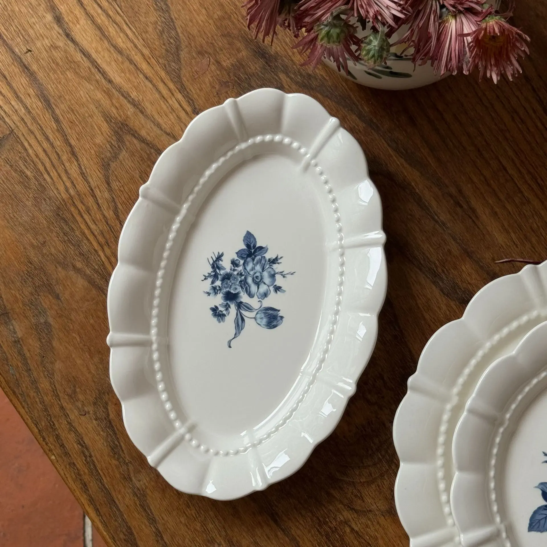 

Высококачественная сервировочная посуда для десертов, французская винтажная синяя керамическая тарелка с цветочным принтом, овальное блюдо