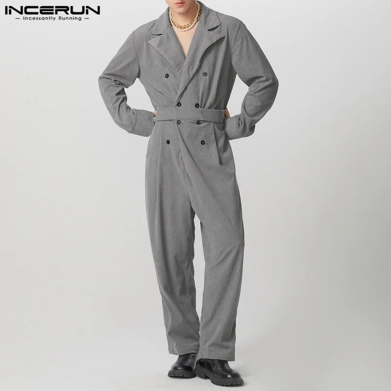 INCERUN Men Jumpsuits Solid Color Corduroy Lapel Long Sleeve Double Breasted Casual Rompers Men Streetwear 2026 Fashion Overalls