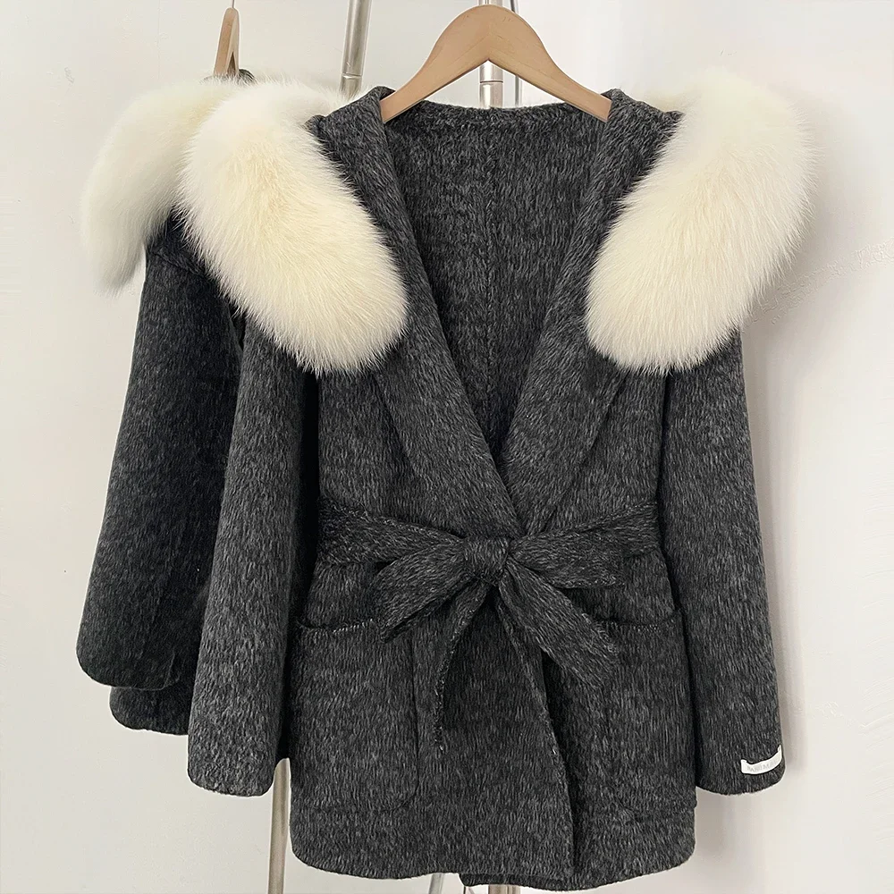OFTBUY Winter Warme Dicke Wollbekleidung Luxuriöser Taillierter Damen-Wollmantel mit Gürtel und Echtem Pelzkragen Kapuzen-Wollmantel für Damen – Detail 10