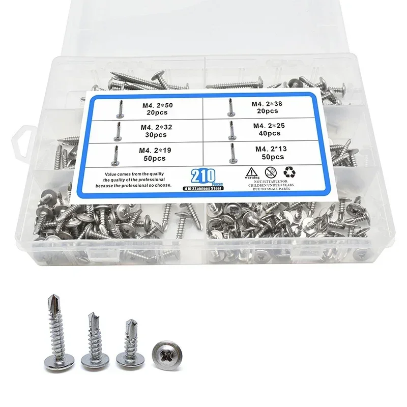 210pcs/Box  410 Stainless Steel M4.2 Dovetail Screw Cross Drill Tail Screws Countersunk Head Self Drilling Screws