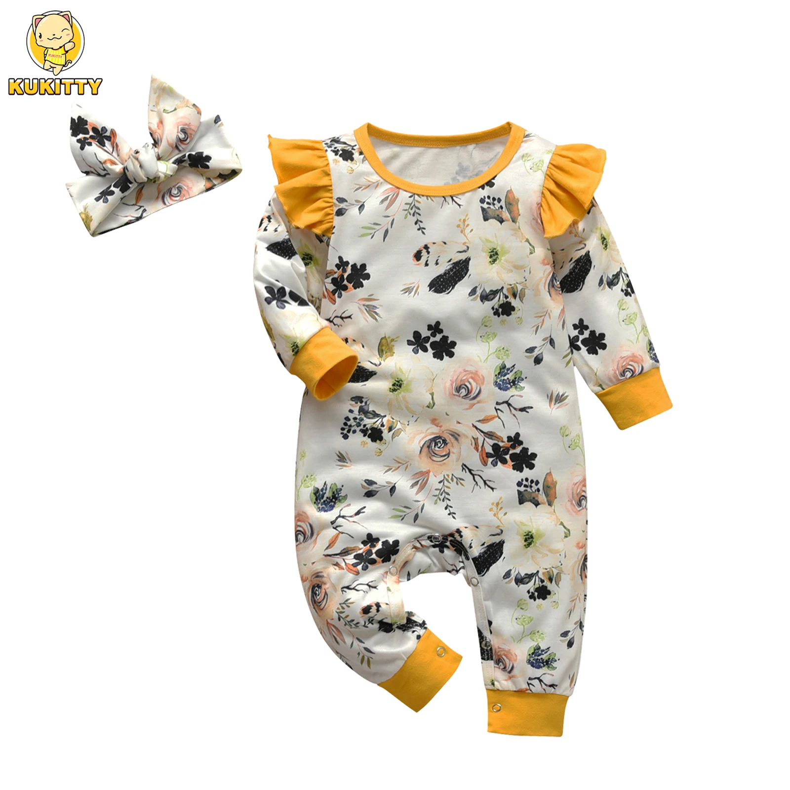 Trend New Born infant Baby Girl Romper Jumpsuit Clothes Cute Floral Long Sleeve One Piece Clothing with Headband for 0-18 Months