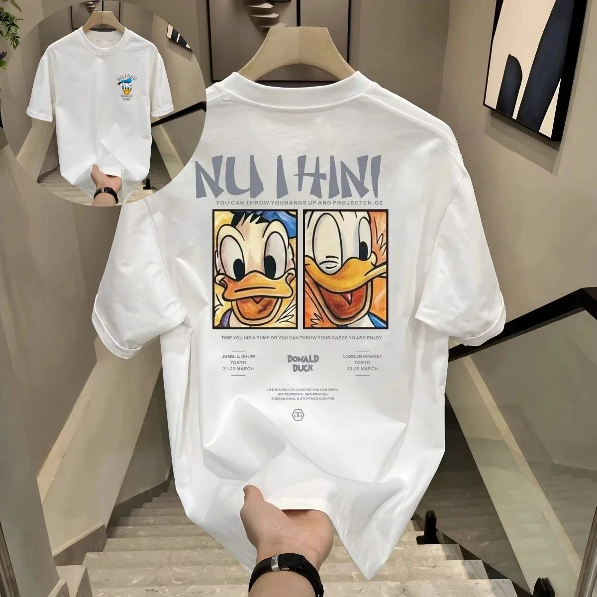 ديزني 2025 جديد حار دونالد داك نو Ihini الأسود تي شيرت الرجال النساء الصيف ملابس علوية من القطن سوق لندن طوكيو جامبل عرض النص طباعة
