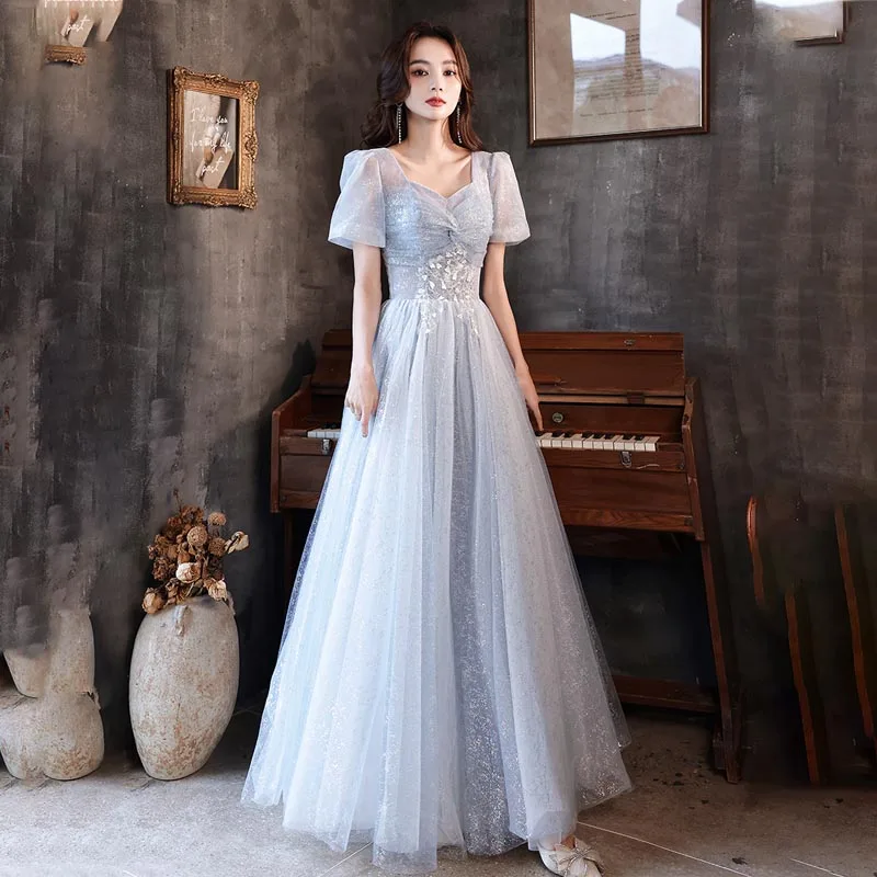 

Evening Dress Short Sleeves V-Neck Sequins Appliques Lace Up Floor-Length Elegant Tulle A-Line New Woman Formal Party Gown A2557