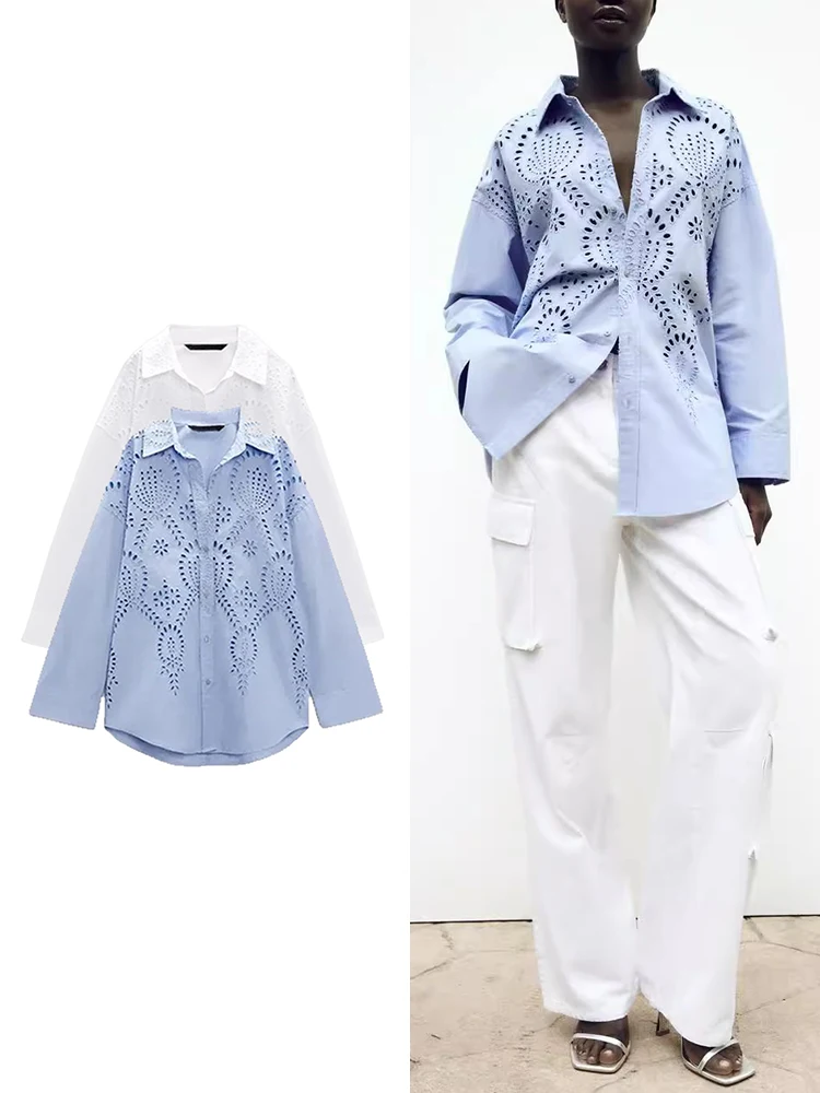 TRAF Women\'s Fashion Casual Lapel Tops Temperament Hundred Hollow Embroidery Chic Blouse Jacket Elegant Women\'s Fashion