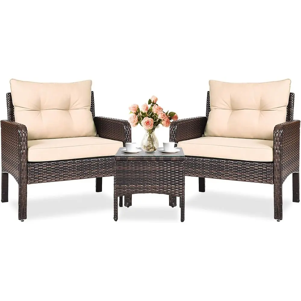 

3-Piece Outdoor Wicker Bistro Set with 4 Cushions, Weather-Resistant PE Rattan Furniture for Garden, Backyard, Porch, Poolside (