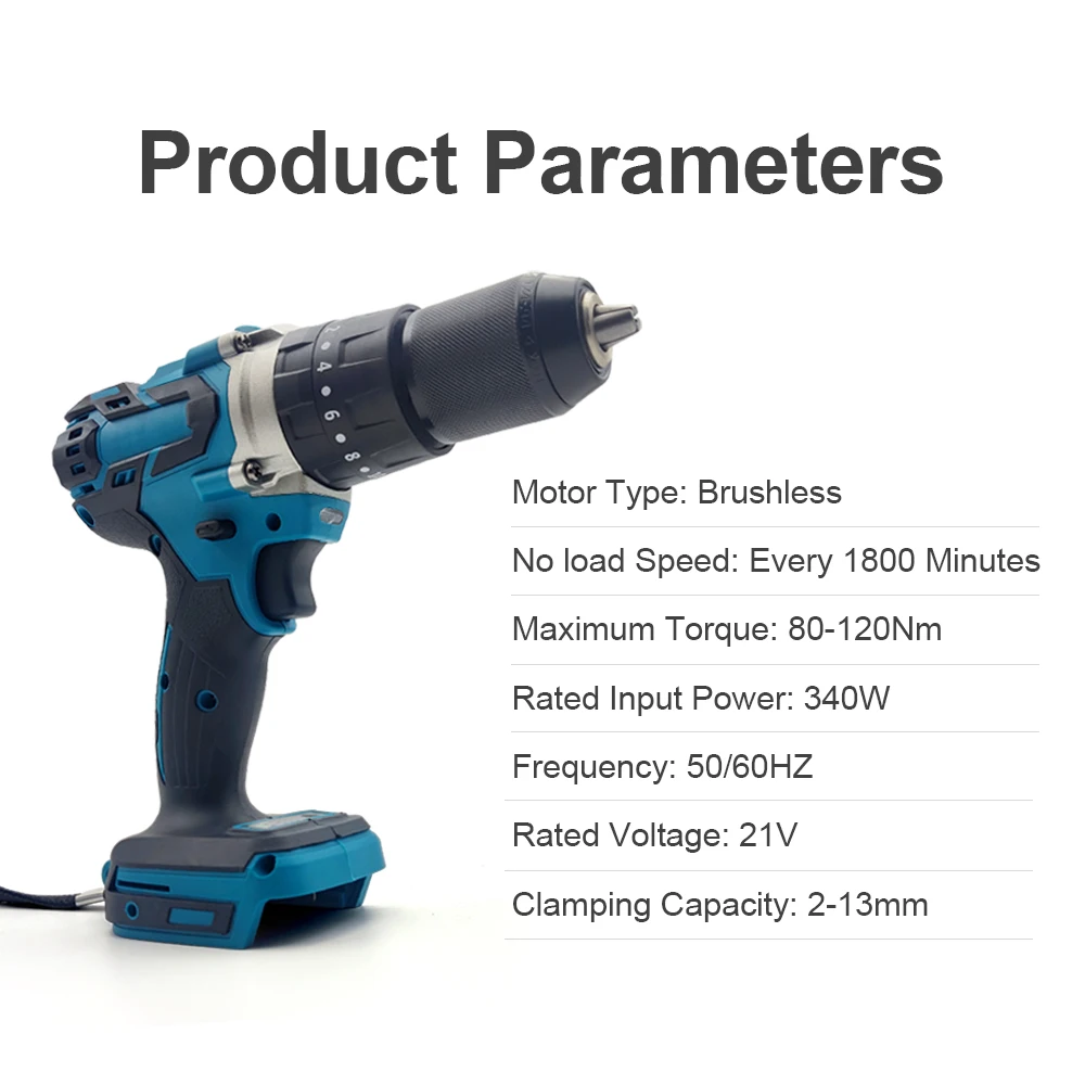 13mm Brushless Electric Drill 2 Speed Hammer Cordless Screwdriver 20+3 Torque Impact Drill Tools for Makita 18V Battery