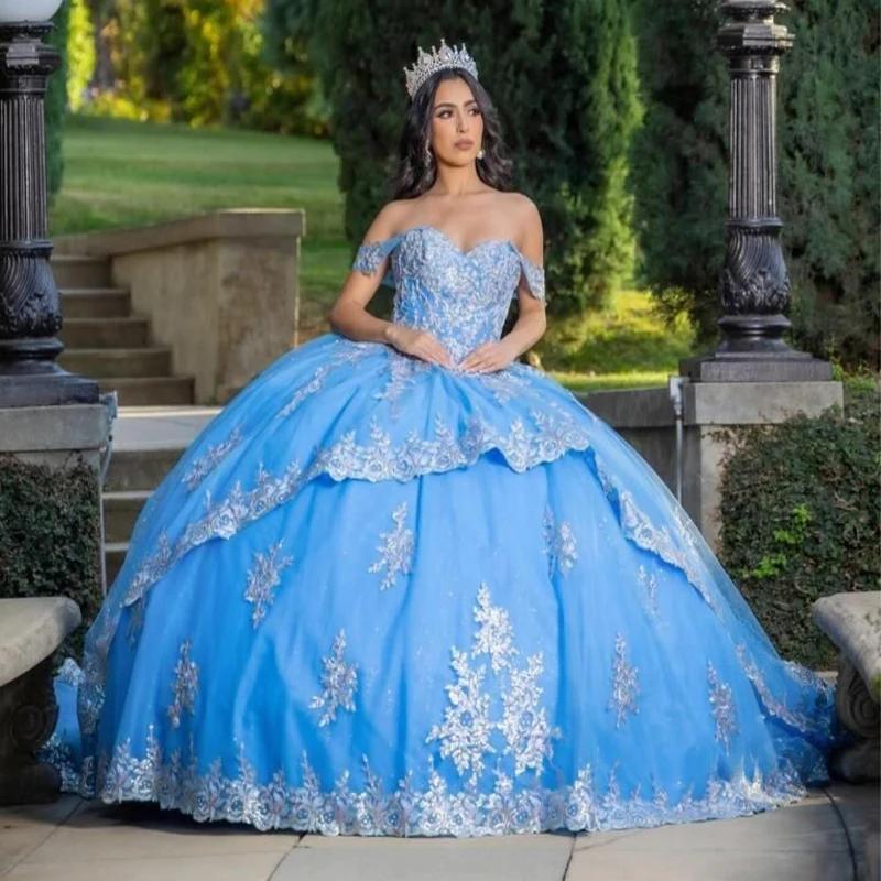 

Mexican Blue Shiny Quinceanera Dress Ball Gown Off The Shoulder Applique Lace Beaded Tull Corset Sweet 16 Vestidos De 15 Anos