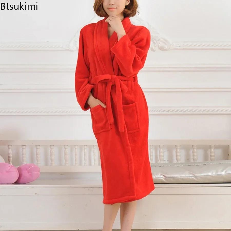 2024 Autumn Winter Couple Flannel Robes Sleepwear Thickened Coral Fleece Warm Nightdress Nightwear Loose Home Dress Lounge Wear