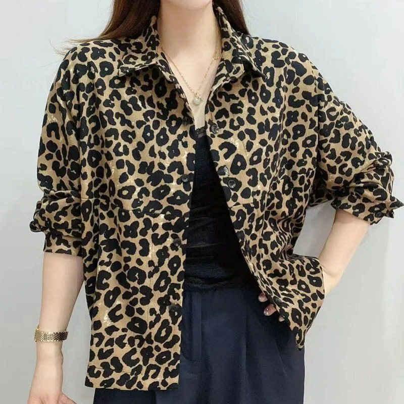 Women Stylish Vintage Leopard Print Button Up Shirt Casual Lapel Three Quarter Sleeve Blouse Spring Autumn Loose All Match Tops