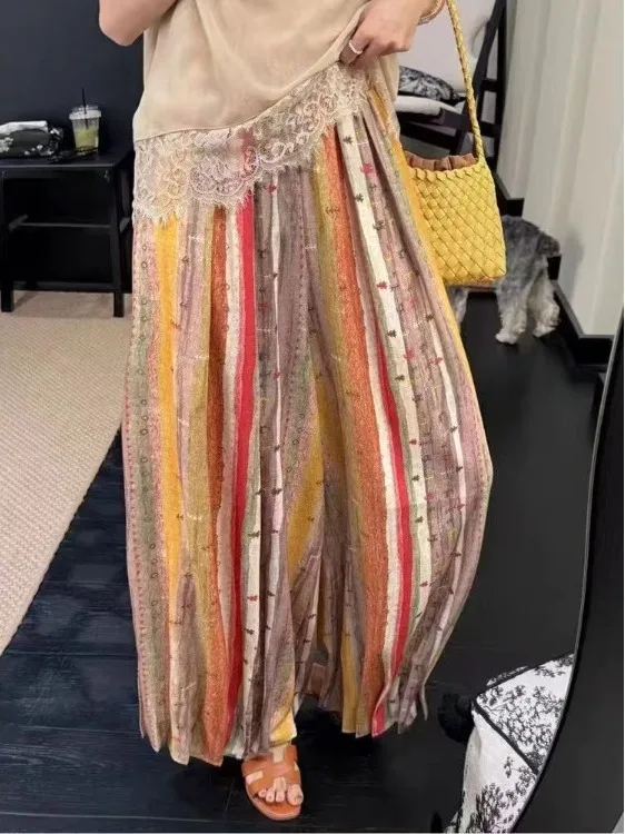 

Богемные широкие прямые брюки с радужным принтом для женщин, летние повседневные брюки в художественном винтажном стиле